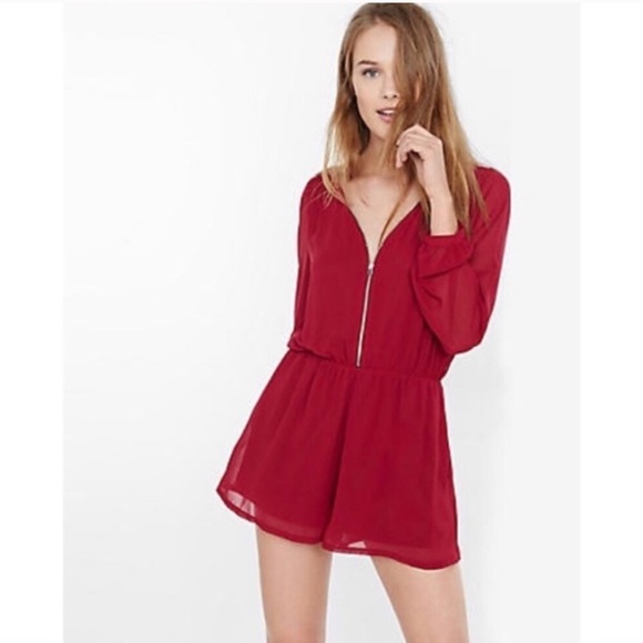 Express Pants - Express Deep Red Long Sleeve Front Zip Romper